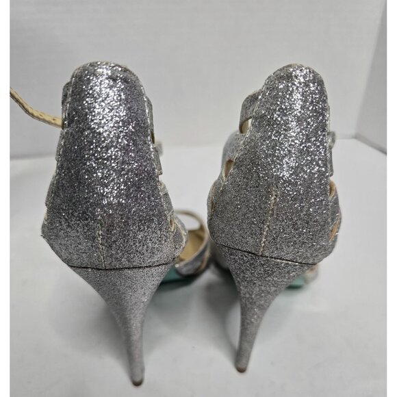 Betsey Johnson TEE Silver Metallic Glitter Strappy Stiletto Heels size 8 - Picture 10 of 14